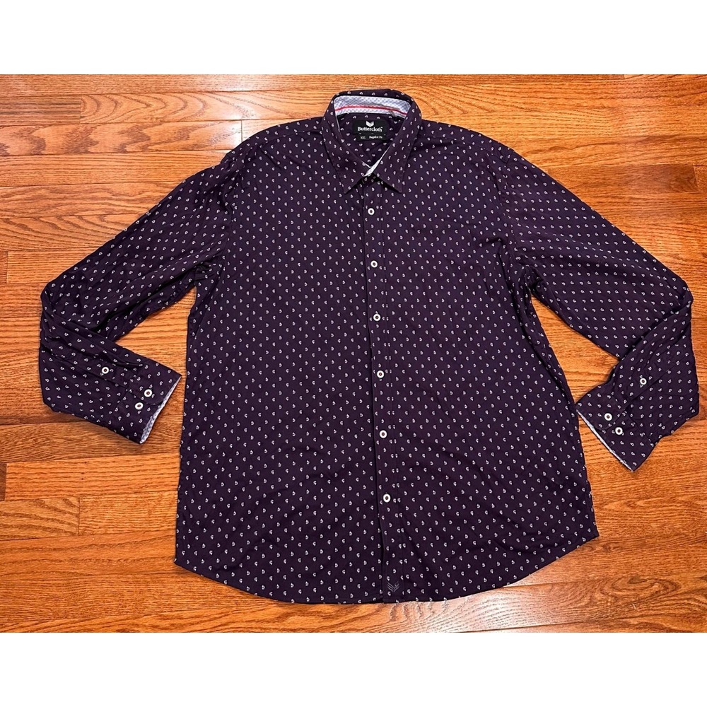Butter Cloth Button Down Shirt Mens 3XL Regular Fit Purple Blue Geometric AOP